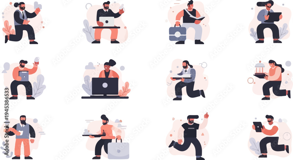 Fototapeta premium Diverse individuals engaged in various activities, holding devices and objects