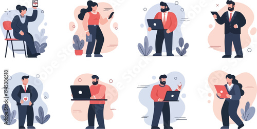 Diverse people in business attire engaged with technology and data