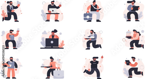 Diverse individuals engaged in various activities, holding devices and objects