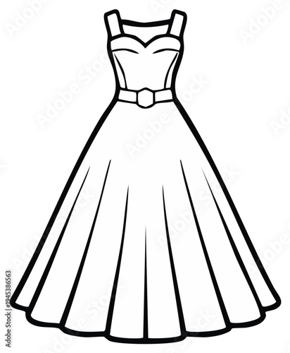Elegant outline illustration of a vintage style dress