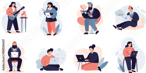 Diverse individuals engaged in various activities like playing music, working on laptops, and reading