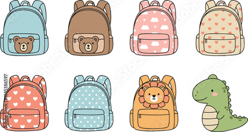Set of cute school backpack vector icons featuring animal characters like bear lion and dinosaur with patterns for nursery kids education and back to school design projects.