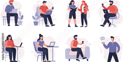 Diverse individuals engaged in various activities with technology and reading