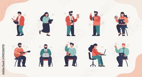 Diverse individuals engaged in various activities, including work, music, and technology use