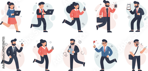 Diverse group of business people in motion with modern devices and briefcases