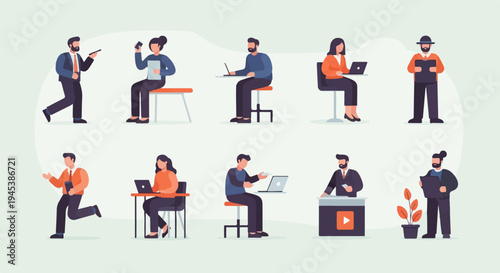 Diverse professionals engaged in various office and business activities