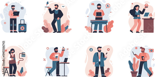 Diverse group of people engaged in various activities, showcasing modern work and leisure