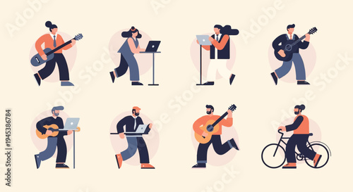 Eight stylized figures engage in diverse activities like playing guitars, using laptops, and cycling