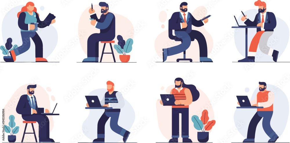 Fototapeta premium Diverse individuals engaged in various tasks on devices, including phones and laptops