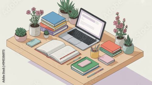Home office workspace with laptop books and plants on wooden desk organized study area with natural light