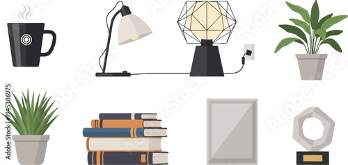 Collection of office and home decor items a plant, a lamp, books, and a trophy