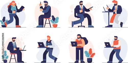 Diverse individuals engaged in various tasks on devices, including phones and laptops