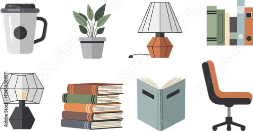 Collection of office and home decor items including a mug, plant, lamps, and books