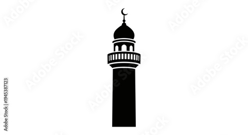 Minaret Tower Silhouette with Crescent Moon.