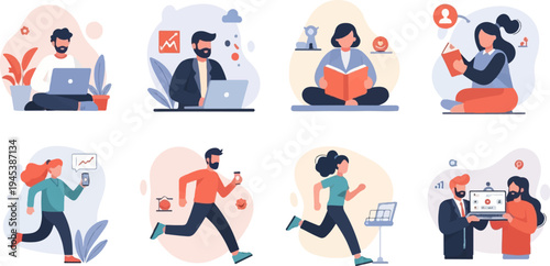 Diverse people engaged in various activities like working, reading, running, and collaborating