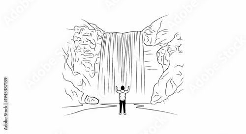 Figure stands before a towering waterfall nestled in rocky cliffs
