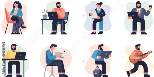 Eight people engaged in diverse work and leisure activities, utilizing technology and instruments