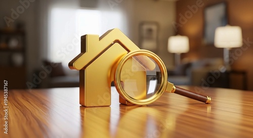 A Hand holding wooden star through magnifying glass,golden house-shaped icon and a magnifying glass with a gold rim placed on a wooden surface in a blurred living room setting, symbolizing real estate