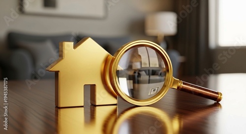 A Hand holding wooden star through magnifying glass,golden house-shaped icon and a magnifying glass with a gold rim placed on a wooden surface in a blurred living room setting, symbolizing real estate