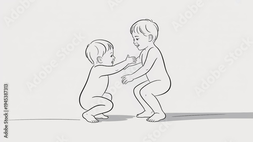 Two toddlers playfully interacting holding hands simple line drawing minimalist background