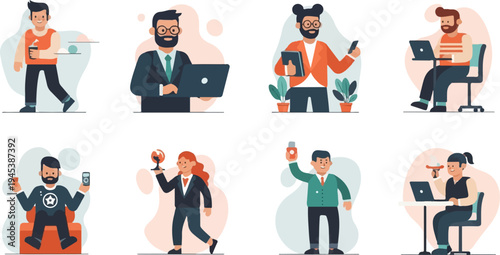 Diverse professionals engaged in various work and leisure activities