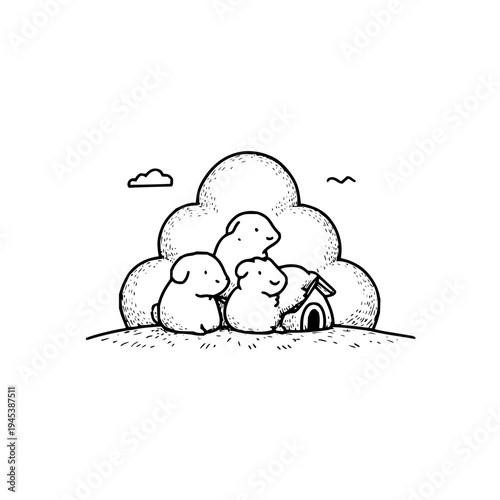Three Cute Bears Playing with Toy House Under Clouds