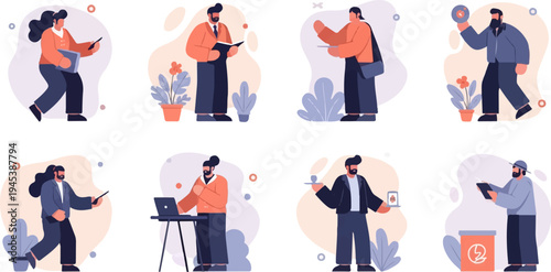 Diverse people in modern attire engage in various activities and tasks