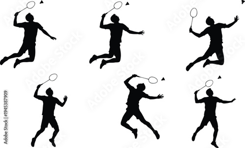 Badminton silhouettes of athletes jumping, smashing, racket strokes, shuttlecock action, dynamic court sport vector design illustration