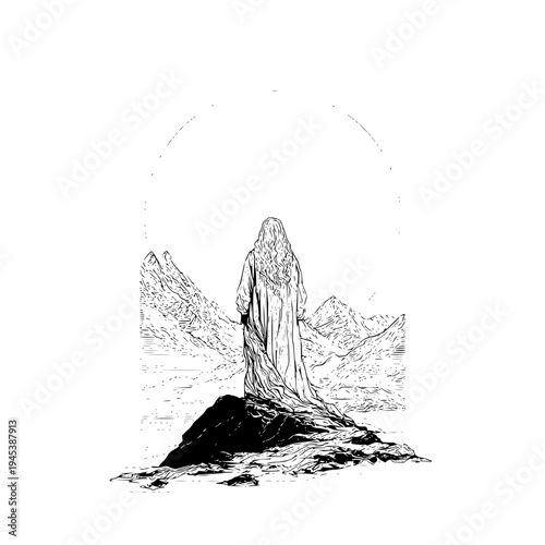 Mysterious Woman Standing on Mountain Peak with Mountains in Background