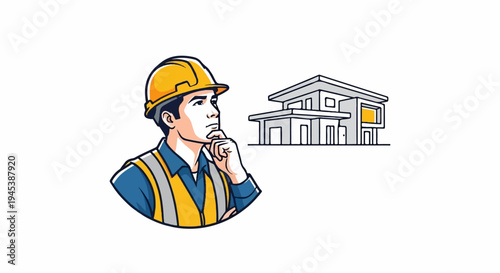 Construction worker in hard hat ponders modern house design, contemplating