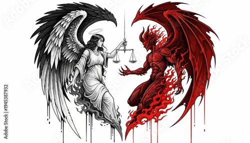 angel and demon illustration with scales.