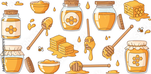 Honey jars, honeycomb and wooden dipper collection with dripping honey in hand drawn style, natural sweet organic food illustration for beekeeping and farm products