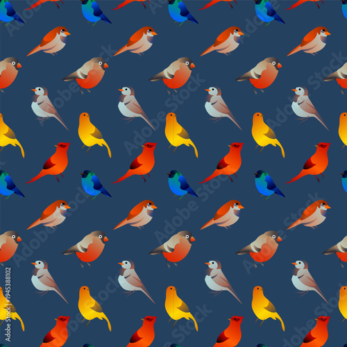 Seamless Vector Pattern with Colorful Garden Birds including Bullfinch Cardinal and Sparrow in Modern Gradient Style