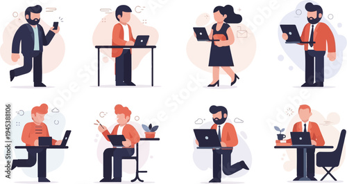 Flat vector illustrations of diverse individuals engaged in various office-related tasks