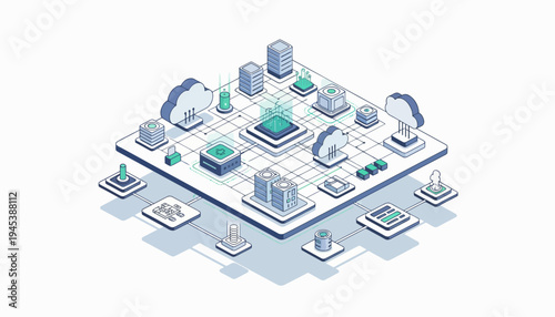 Isometric cityscape with various buildings and technology.
