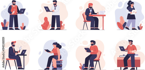 Diverse people working remotely or in office settings with digital devices