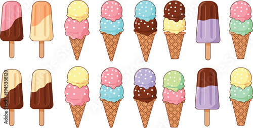 Colorful ice cream cones and popsicles collection in cute cartoon style, sweet frozen dessert illustration set for summer treats, kids menus, and snack designs