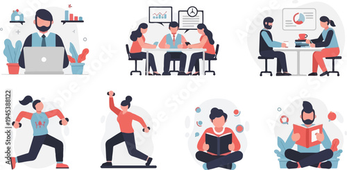 Diverse individuals engaged in work, exercise, and reading