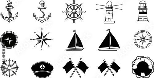 Collection of nautical symbols anchors, compasses, lighthouses, sailboats, ship's wheel, cap, flags, lifebuoy