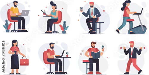 Diverse professionals engage in varied work, fitness, and relaxation activities