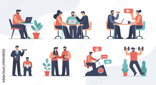 Diverse individuals engaged in work, fitness, and digital interaction