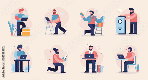 Diverse individuals engaged in various work and technology-related activities