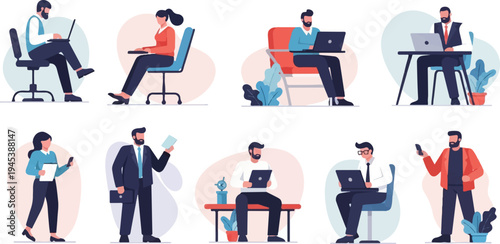 Diverse professionals engage in various work activities, utilizing technology