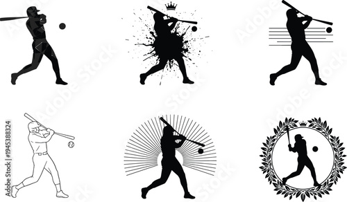 Baseball silhouettes of athletes batting, swinging, artistic motion styles, dynamic diamond sport vector design illustration