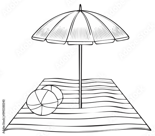 Beach day scene with umbrella towel and ball black and white line art for coloring book page