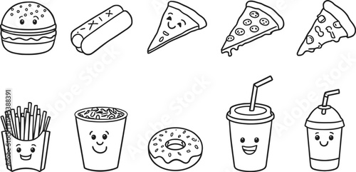 Cartoon Fast Food Icon Set Vector Illustration with Smiling Burger Pizza Fries Popcorn Donut Soda and Milkshake Characters