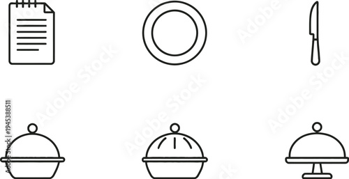 Food Service Icon Set Vector Illustration with Notepad Plate Knife and Cloche Designs for Restaurant Dining and Culinary Concepts