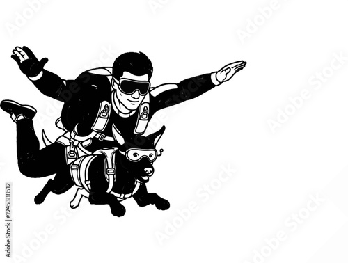 Man and dog tandem skydiving, both wearing goggles, in black and white
