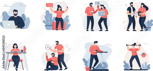 Diverse people engaged in work, communication, and fitness activities