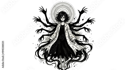 a mystical woman with multiple arms and a halo.